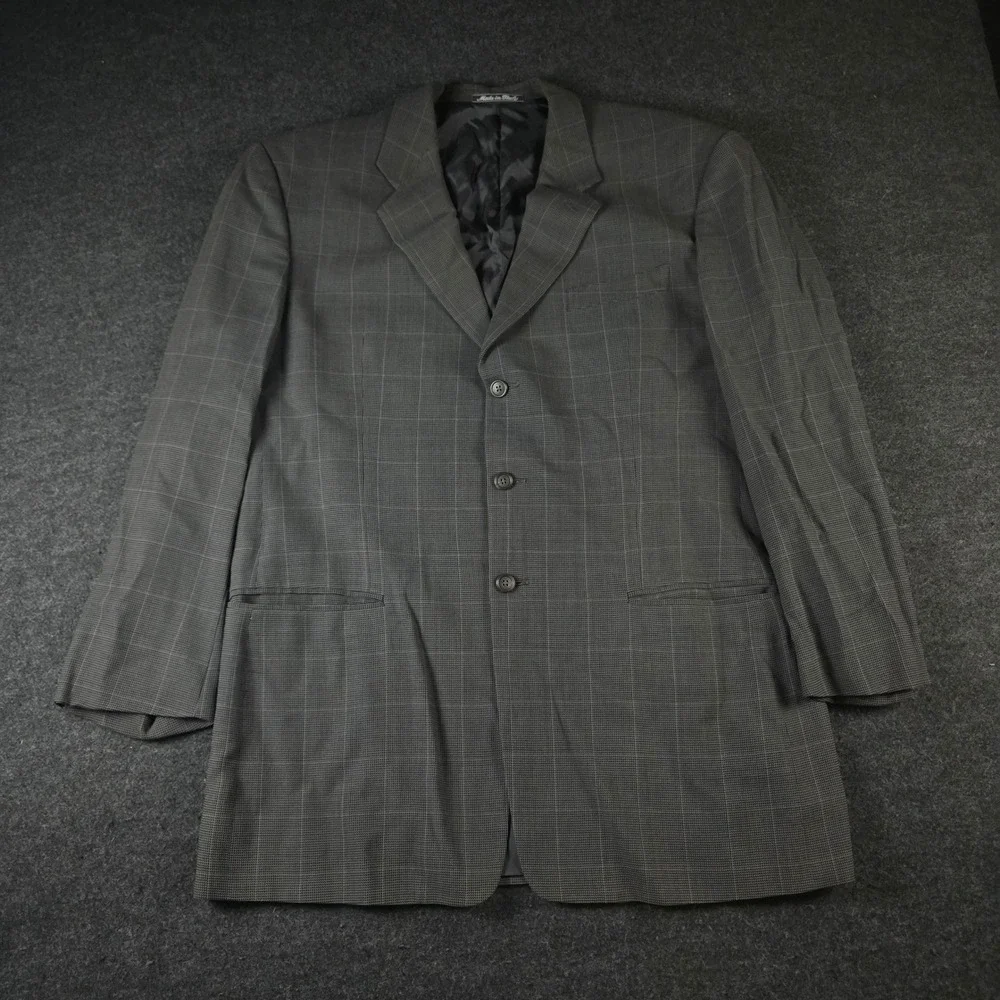 Armani Collezioni Gray Windowpane Blazer Wool 3 Button Jacket Men's 44L
